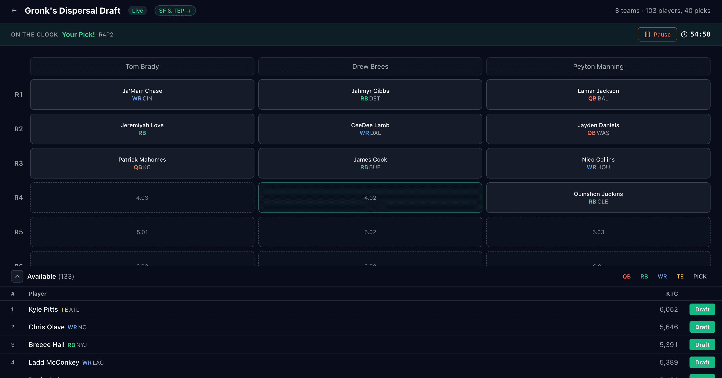 Dynfolio draft board showing a live dispersal draft with picks, timers, and available players